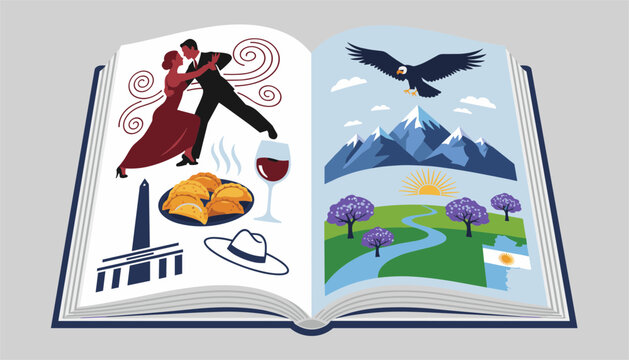 Opened book showing beautiful illustrations of Argentina including tango dancers, empanadas, and mountain landscapes.