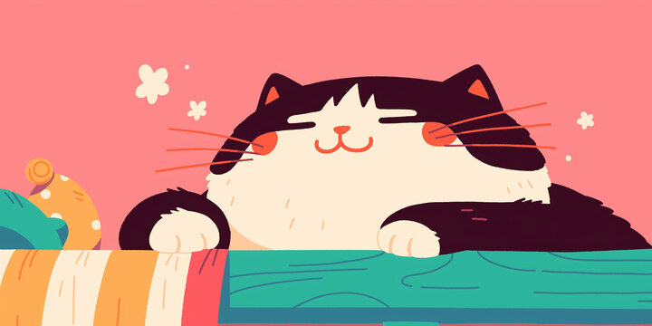Cute Black and White Cat Resting on Colorful Blanket &ndash; Cozy Illustration