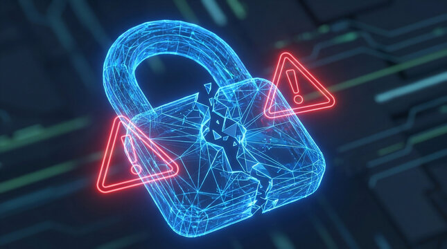 Cracked digital padlock with warning signs, 3D rendering, perfect for cybersecurity, data breach and system failure awareness