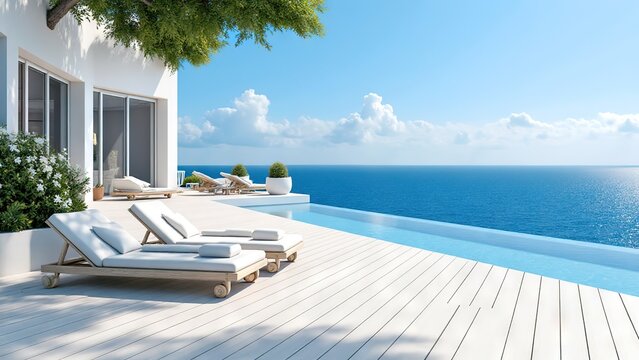 Luxurious outdoor poolside deck with white sun loungers overlooking vast blue ocean and clear sky