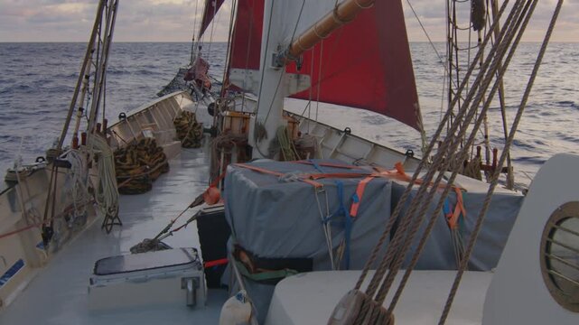 Big sailing boat moves in the Atlantic Ocean under the sails