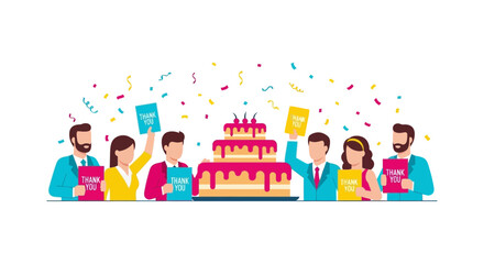 Fototapeta premium Corporate Team Celebrating Anniversary with Giant Cake and Thank You Signs