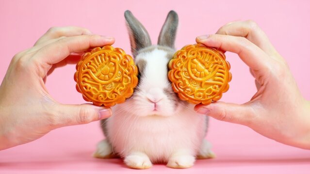 Hands holding two embossed mooncakes before a rabbit face on a pink background, jade rabbit folklore, lunar harvest reunion, traditional moon legend, family moon viewing, cultural heritage