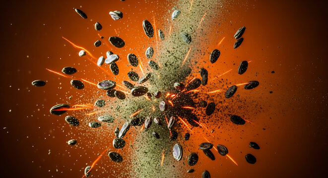 Dark coffee beans exploding with vibrant green powder and bright orange light streaks, dynamic motion capture, suitable for food advertising, beverage marketing and gourmet promotions