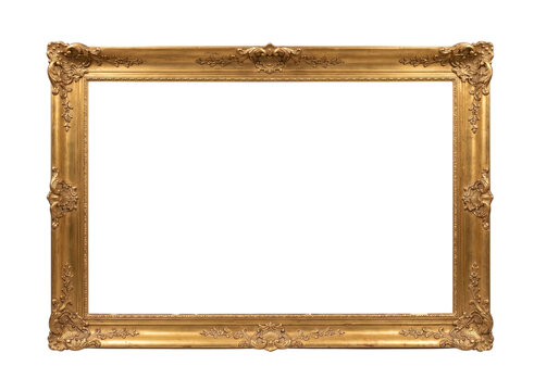 Rectangular ornate gold carved picture frame on a transparent background