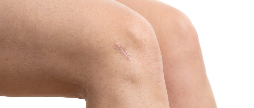 Close up human knee detail with visible scar on skin texture