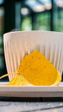 Steaming coffee mug with a vibrant yellow autumn leaf resting against its textured ceramic surface, symbolizing comfort, coziness, and the changing season