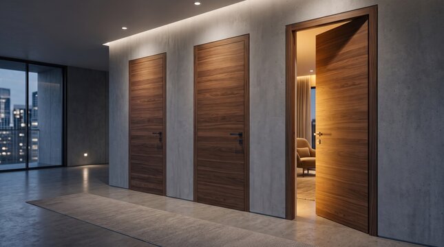 Modern hallway with three wooden doors with concrete wall illuminated