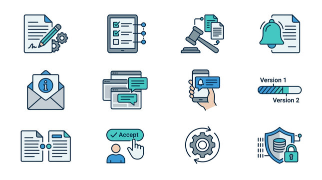Corporate Workflow and Document Management Process Illustrated with Colorful Icons and Symbols with high quality professional line art symbols for modern creative design and digital branding projects