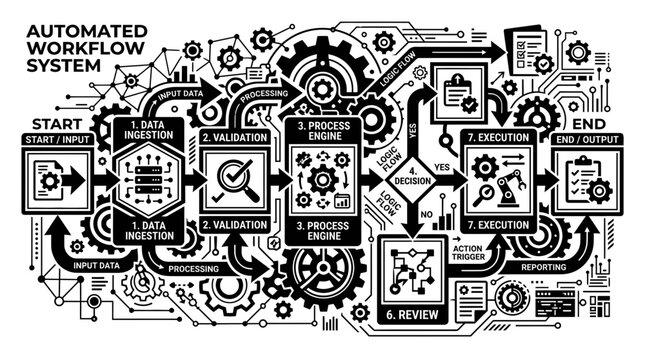 Black and white infographic showing an automated workflow system with process steps and gears.