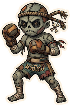 Stitched Zombie Muay Thai Fighter Sticker Illustration