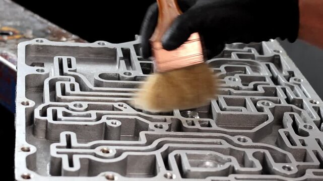 Mechanic cleaning transmission valve body with brush.