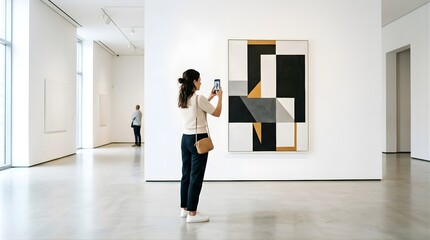 Fototapeta premium Woman taking a photo of abstract painting in a modern art gallery
