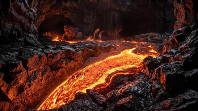 Molten Lava Flowing Through A Dark Igneous Rock Cave With Rising Vapor, Natural Geologic Energy For Science Education
