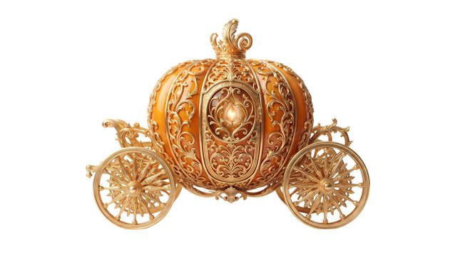 Golden pumpkin carriage with ornate details and glowing light for fairytale decoration.