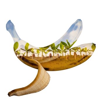 Banana plants growing inside a banana peel silhouette on white background for farming concept.