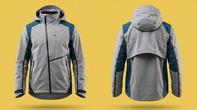 Front and back view of a modern grey sports jacket with a hood and colorful accents for outdoor activity and fashion