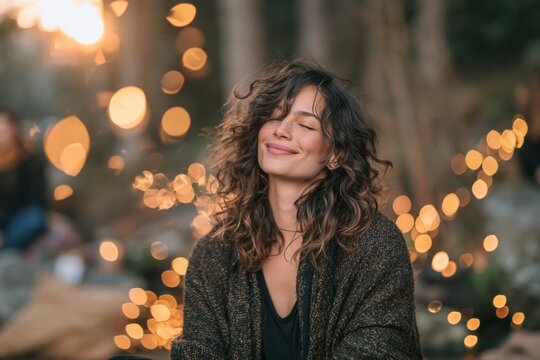 Mindfulness and well-being happy woman with closed eyes smiling in a relaxed outdoor setting with bokeh lights