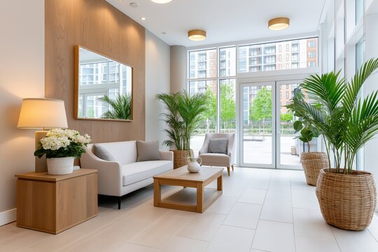 Bright modern apartment entrance hall with large floor to ceiling windows, natural wood textures, indoor greenery, comfortable lounge seating, clean Scandinavian inspired interior design