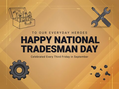 Happy national tradesman day greeting card with tools illustration and brown background
