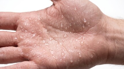 Fototapeta premium Extreme macro photograph of excessive sweat droplets on male palm skin
