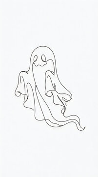 Cute little ghost character drawing with a single continuous line style for halloween holiday celebration and fun spooky party decorative graphic design