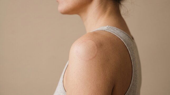 Side profile view of woman shoulder with red ring shaped tinea corporis ringworm rash