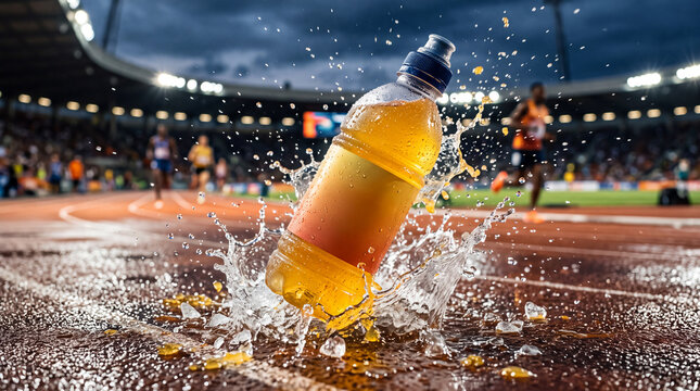 Close-up of a sports drink bottle splashing on a track during a race, conveying energy and excitement