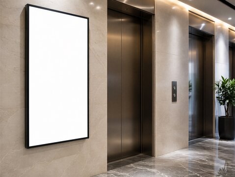 Blank vertical digital advertising screen beside elevators in a modern corporate lobby. Clean premium interior with copy space for business, branding, DOOH and signage design.