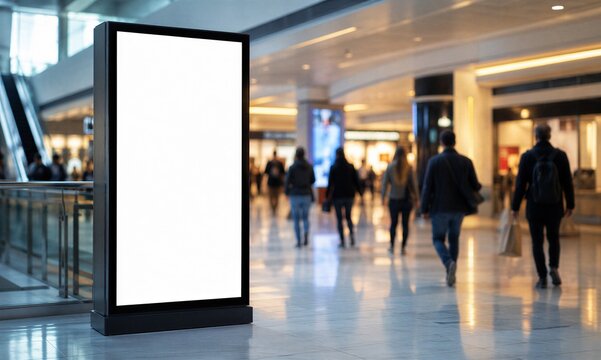 Blank digital advertising screen in a busy modern shopping mall with blurred shoppers. Programmatic DOOH, retail media and commercial marketing concept with large copy space.
