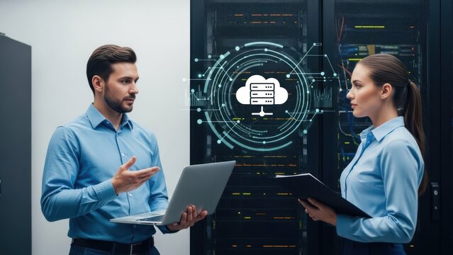 Two people in a server room discuss data with digital overlay