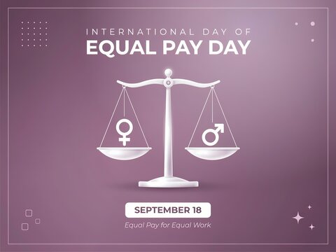 International equal pay day poster with scales of justice and gender equality symbols