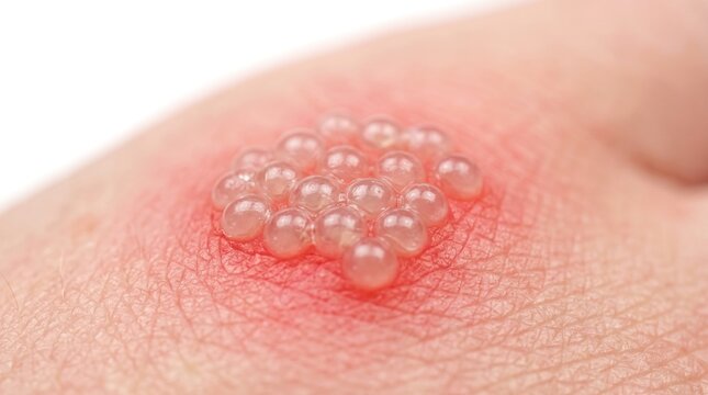 Extreme macro close up of clustered herpes simplex virus blisters on inflamed skin