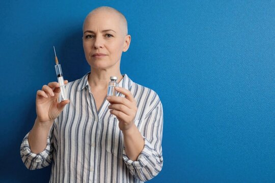 Bald woman holds syringe and vial against blue wall. She looks forward with confidence, representing hope in medical treatment for serious illness.