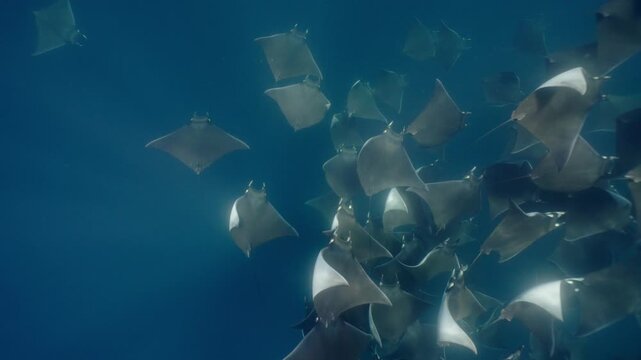 Underwater view of a spectacular Mobula ray aggregation in Mexico, with hundreds of devil rays forming a mesmerizing courtship vortex, swirling together in a giant living ball beneath ocean waters.