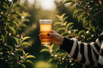 Naklejka premium Person holds glass with apple cider juice. Blurred green foliage background suggests natural drink enjoyment on sunny day. Refreshing beverage experience outdoors.