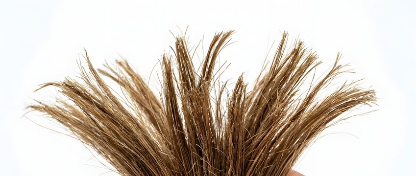 Close up of split ends on brown hair against a white background