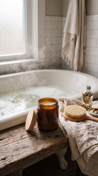 Warm and inviting bathroom scene featuring a candle jar, bath accessories, and a soaking tub with steam rising