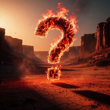 Large burning question mark stands in dry desert canyon at sunset. Fiery 3D symbol glows in cracked earth landscape under orange sky. Mystical hot sign creates intense atmosphere in red rock desert