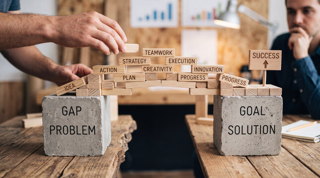 A creative problem-solving concept with wooden blocks representing a bridge between challenges and solutions, set in a collaborative workspace