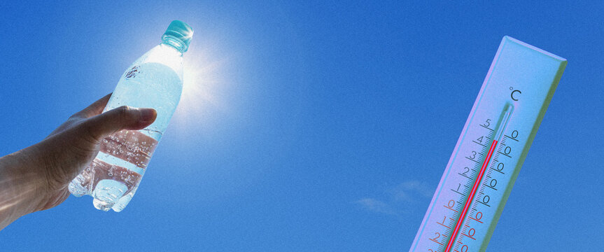 Hand holding cold water bottle next to thermometer during extreme summer heatwave