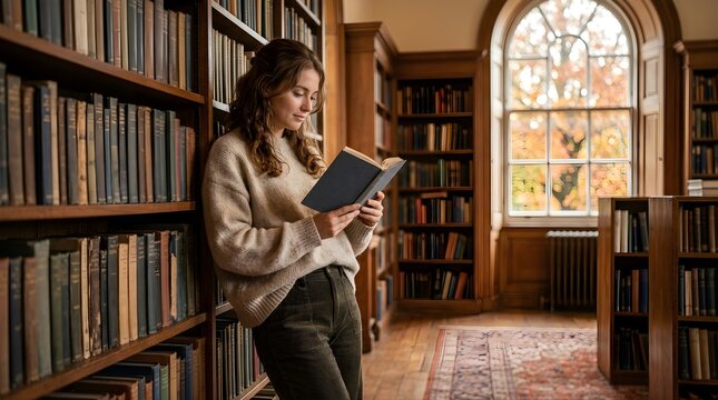 Young woman reading a book standing in an old vintage library interior