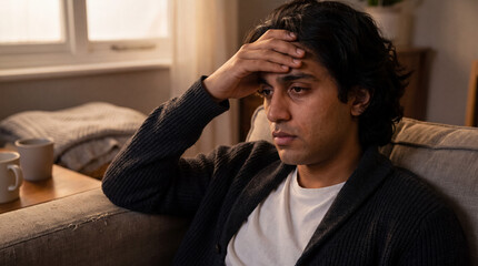 Obraz premium Young man experiencing stress, looking worried and sad, holding his head, dealing with mental health issues