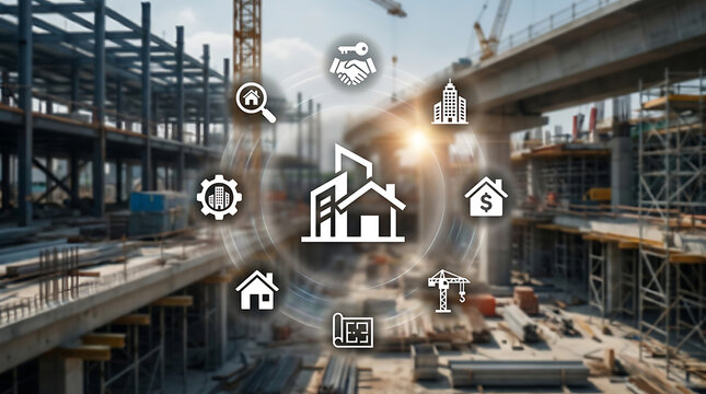 Smart city digital icons overlay on industrial factory with futuristic technology and automation concept