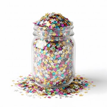 A transparent glass mason jar is filled to the brim with vibrant colorful confetti and loose pieces scattered across a clean white surface