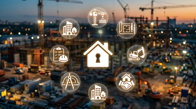 Smart city technology icons over urban skyline at dusk with digital network overlay