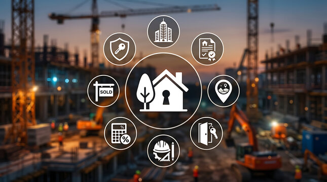 Digital home security icons overlaid on urban cityscape at dusk with smart technology symbols