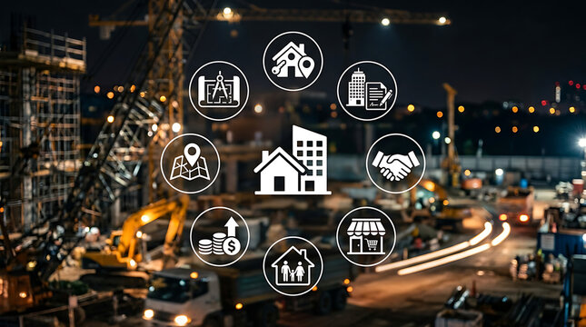 Smart city technology icons over urban skyline at dusk with digital network overlay for innovation and connectivity