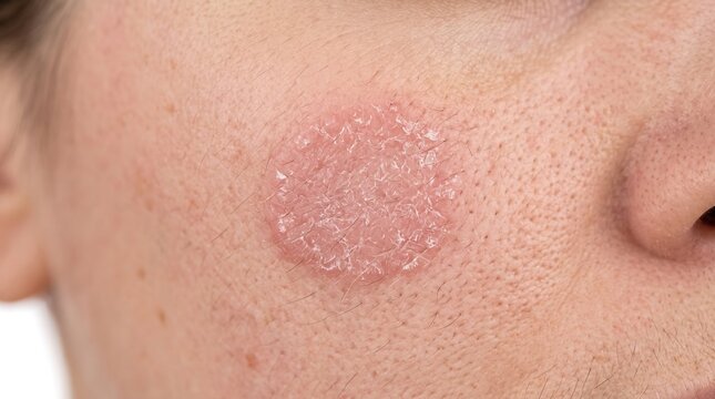 Macro closeup of circular pityriasis rosea herald patch with collarette scaling on female cheek