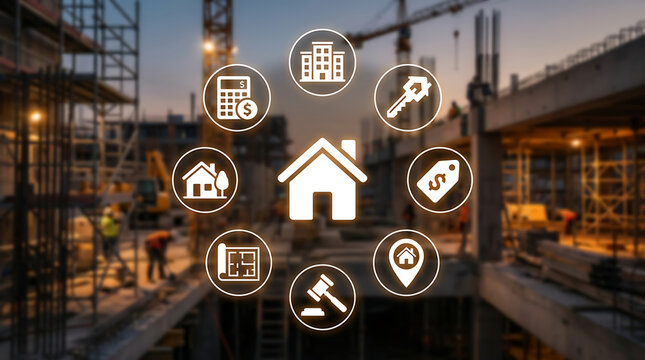 Digital real estate icons floating over modern city skyline at dusk for business and property investment concepts